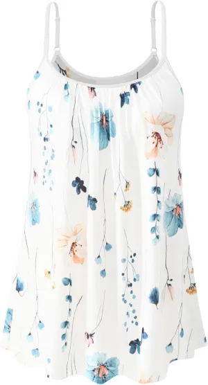 Women's Camisole with Built Bra Flowy Loose Fit Cami Pleated Adjustable Strap Tanks