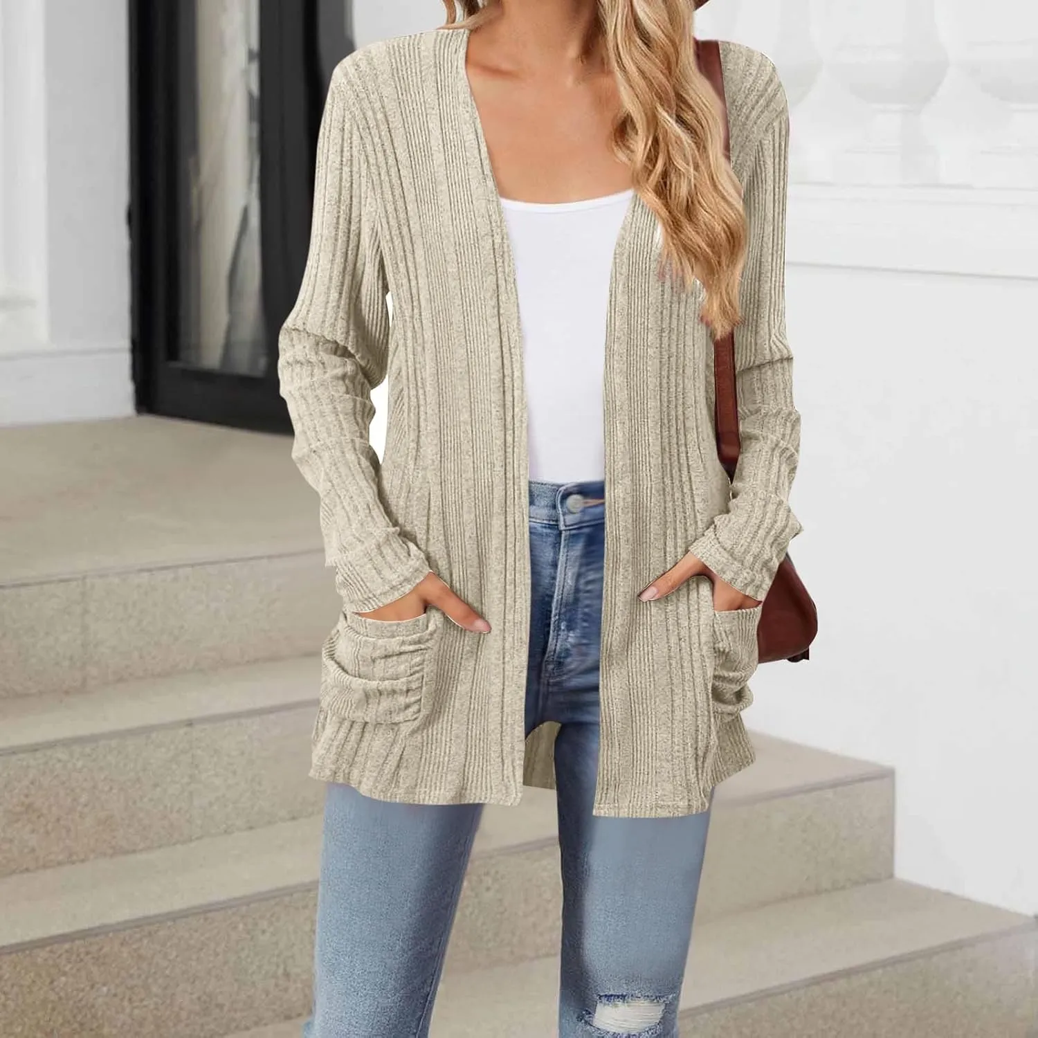 Women's Cardigan Coat Fashion Ribbed Knit Brushed Stripe Tunic Tops Long Sleeve Coat Fall Outdoor Comfy Cardigan Coat