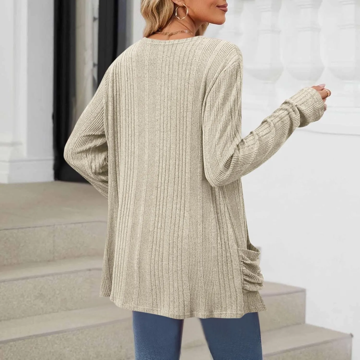 Women's Cardigan Coat Fashion Ribbed Knit Brushed Stripe Tunic Tops Long Sleeve Coat Fall Outdoor Comfy Cardigan Coat