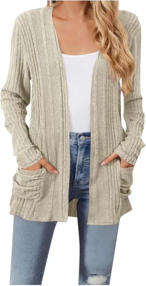 Women's Cardigan Coat Fashion Ribbed Knit Brushed Stripe Tunic Tops Long Sleeve Coat Fall Outdoor Comfy Cardigan Coat