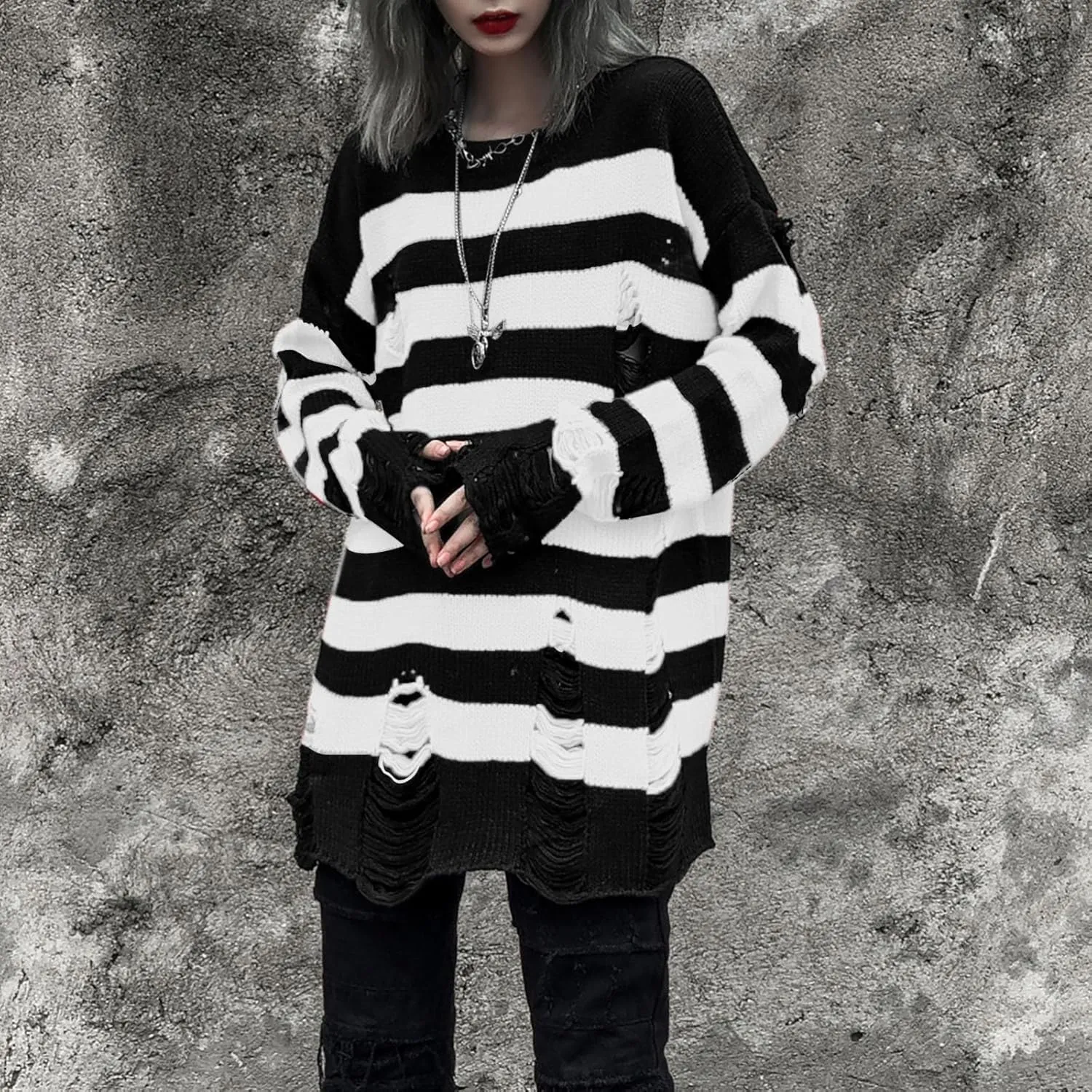 Womens Cozy Knit Jumper Sweater Long Sleeve Crew Neck Color Block Ripped Pullover Sweaters Crop Tops Goth Y2K Sweaters