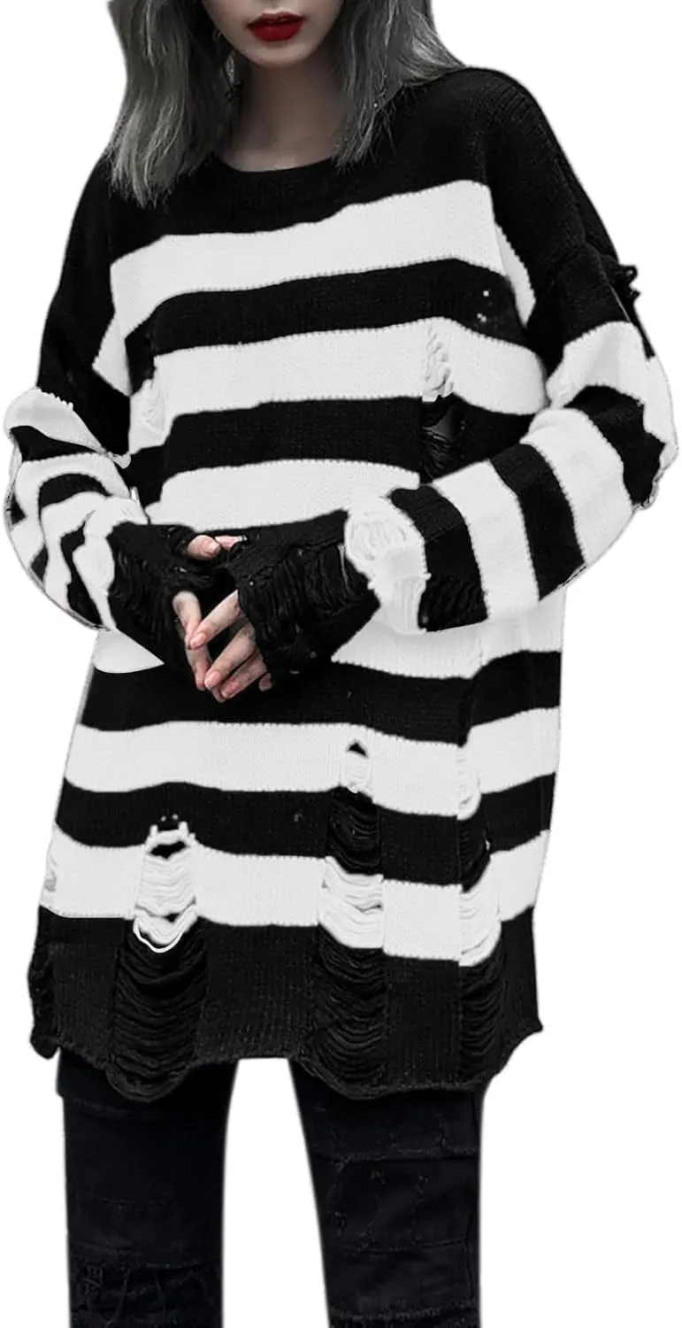 Womens Cozy Knit Jumper Sweater Long Sleeve Crew Neck Color Block Ripped Pullover Sweaters Crop Tops Goth Y2K Sweaters