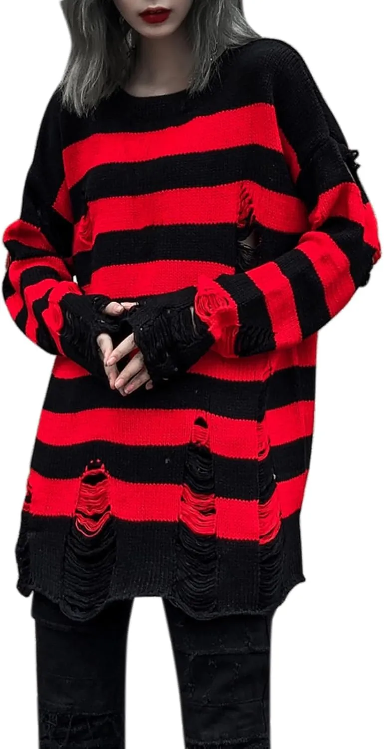 Womens Cozy Knit Jumper Sweater Long Sleeve Crew Neck Color Block Ripped Pullover Sweaters Crop Tops Goth Y2K Sweaters