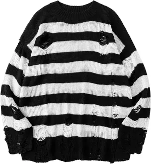 Womens Cozy Knit Jumper Sweater Long Sleeve Crew Neck Color Block Ripped Pullover Sweaters Crop Tops Goth Y2K Sweaters