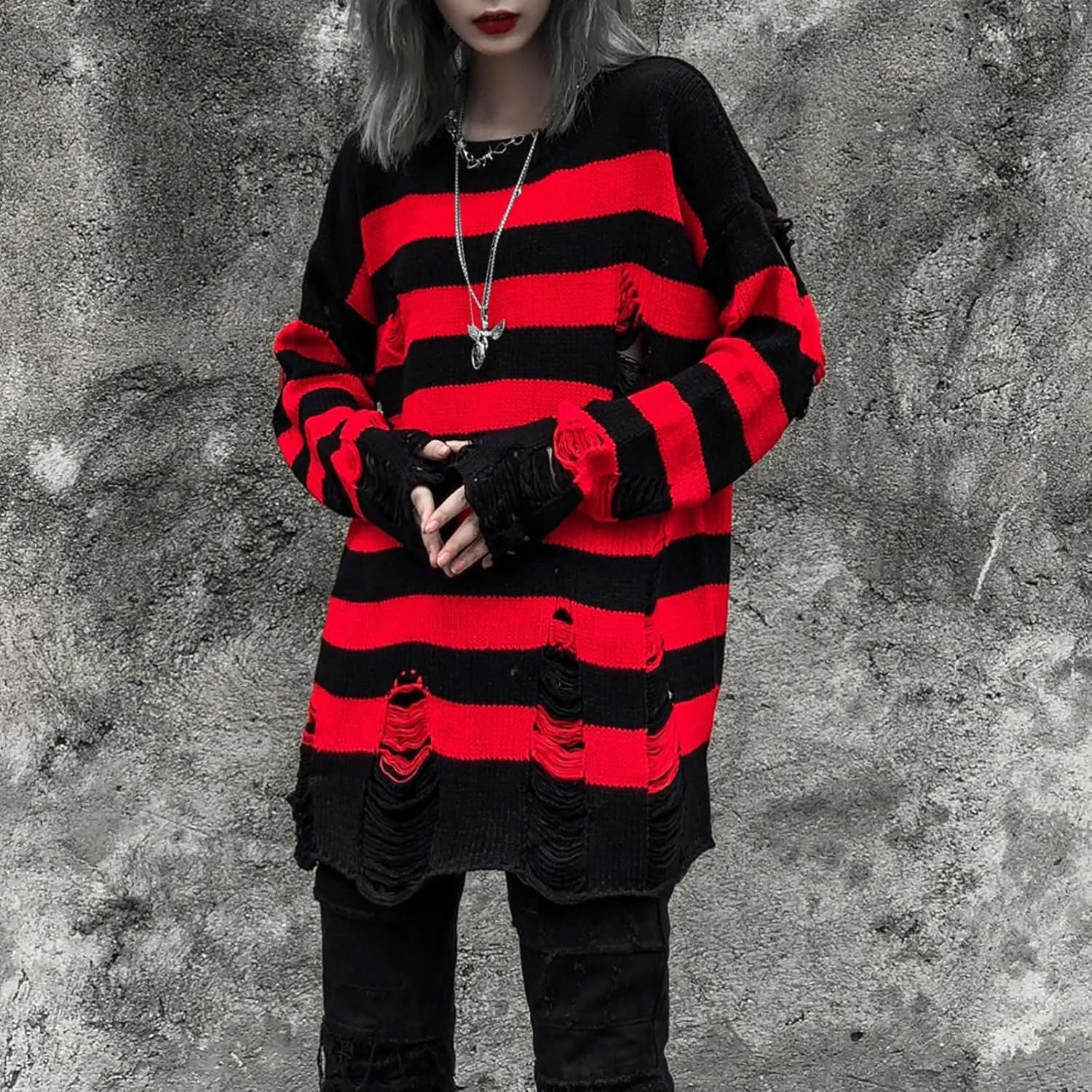 Womens Cozy Knit Jumper Sweater Long Sleeve Crew Neck Color Block Ripped Pullover Sweaters Crop Tops Goth Y2K Sweaters