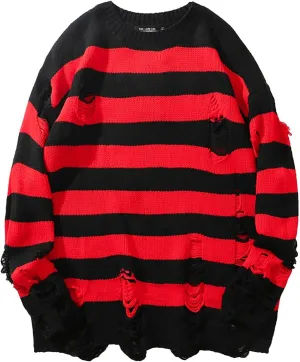 Womens Cozy Knit Jumper Sweater Long Sleeve Crew Neck Color Block Ripped Pullover Sweaters Crop Tops Goth Y2K Sweaters