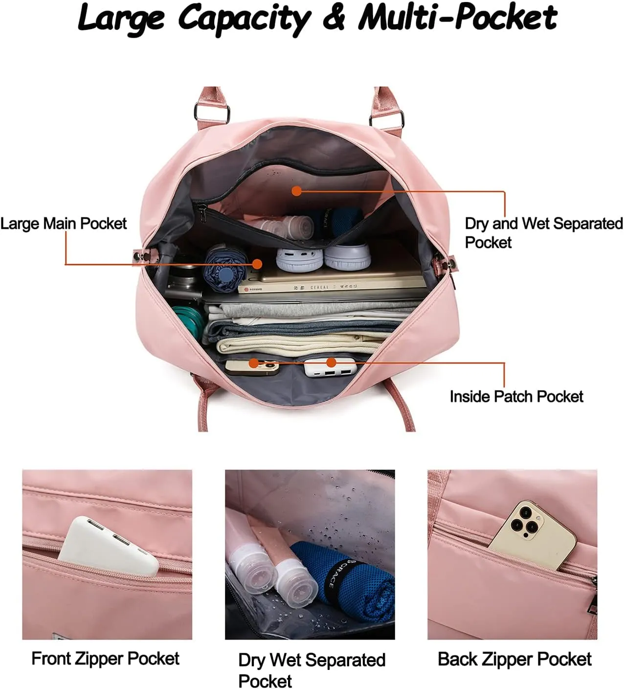 Women's Duffel for Travel, Carry-on for Airplane, Weekender Overnight Bag With Wet Pocket, Waterproof Sports Gym