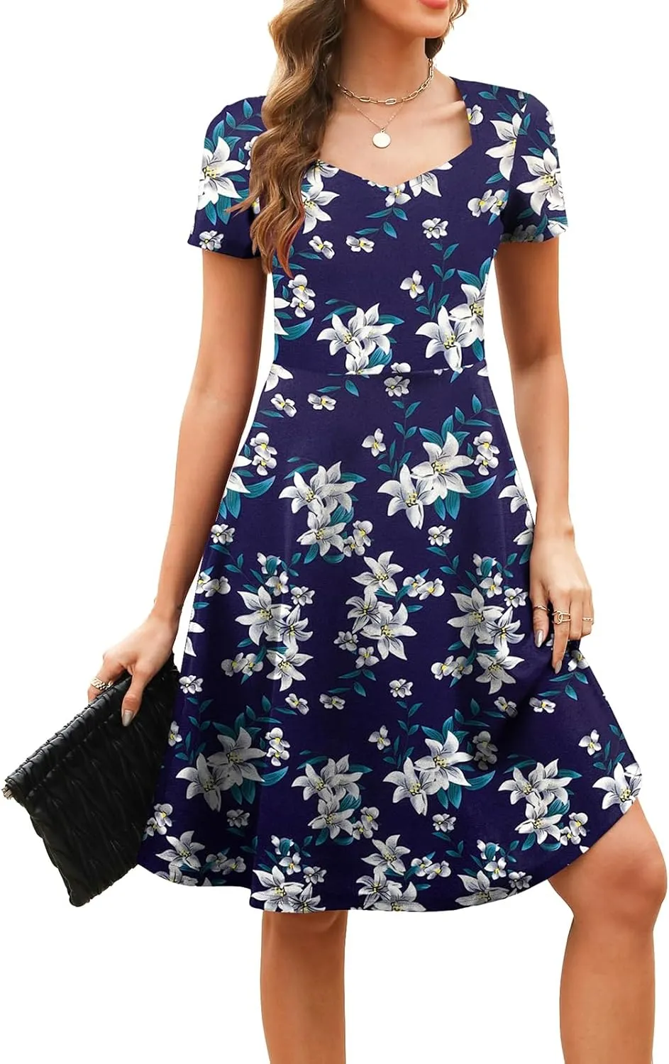 Women's Elegant Vintage Summer Sweetheart Neck Short Sleeve Casual Work Party Business A-Line Dress 163