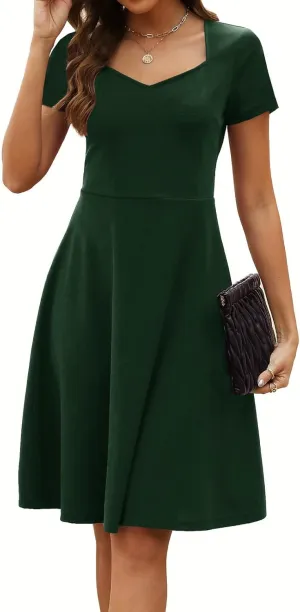 Women's Elegant Vintage Summer Sweetheart Neck Short Sleeve Casual Work Party Business A-Line Dress 163