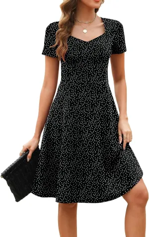 Women's Elegant Vintage Summer Sweetheart Neck Short Sleeve Casual Work Party Business A-Line Dress 163
