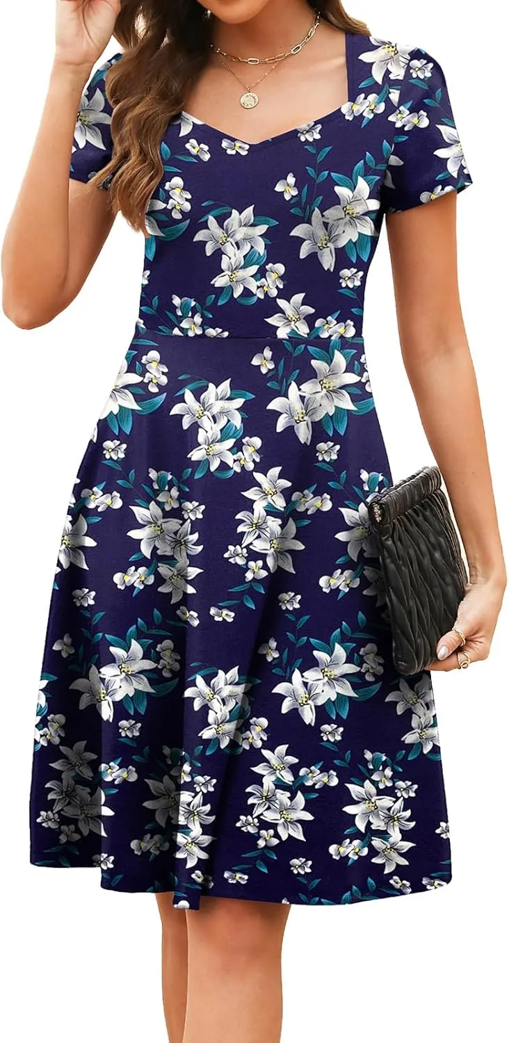 Women's Elegant Vintage Summer Sweetheart Neck Short Sleeve Casual Work Party Business A-Line Dress 163