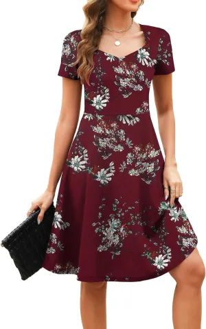 Women's Elegant Vintage Summer Sweetheart Neck Short Sleeve Casual Work Party Business A-Line Dress 163