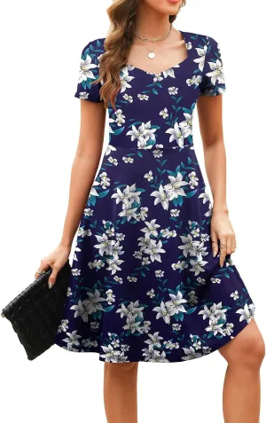 Women's Elegant Vintage Summer Sweetheart Neck Short Sleeve Casual Work Party Business A-Line Dress 163