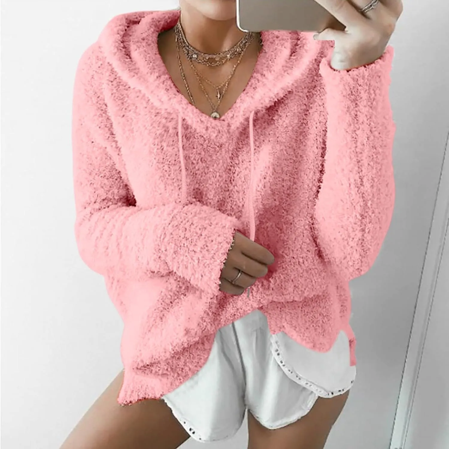 Womens Fuzzy Fleece Sweatshirts Long Sleeve Fluffy Soft Fleece Jackets Sweaters Sweatshirts Hoodies Outwear Coat Warm