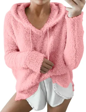 Womens Fuzzy Fleece Sweatshirts Long Sleeve Fluffy Soft Fleece Jackets Sweaters Sweatshirts Hoodies Outwear Coat Warm