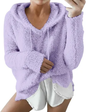 Womens Fuzzy Fleece Sweatshirts Long Sleeve Fluffy Soft Fleece Jackets Sweaters Sweatshirts Hoodies Outwear Coat Warm