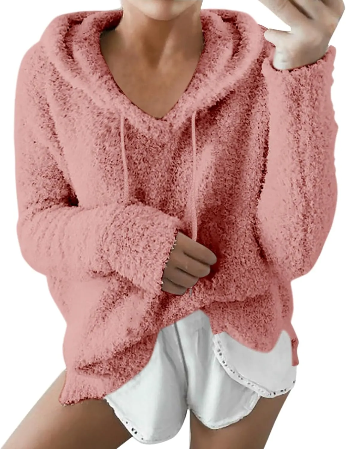 Womens Fuzzy Fleece Sweatshirts Long Sleeve Fluffy Soft Fleece Jackets Sweaters Sweatshirts Hoodies Outwear Coat Warm