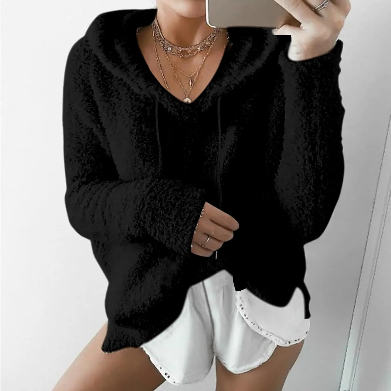 Womens Fuzzy Fleece Sweatshirts Long Sleeve Fluffy Soft Fleece Jackets Sweaters Sweatshirts Hoodies Outwear Coat Warm