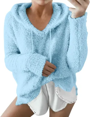 Womens Fuzzy Fleece Sweatshirts Long Sleeve Fluffy Soft Fleece Jackets Sweaters Sweatshirts Hoodies Outwear Coat Warm