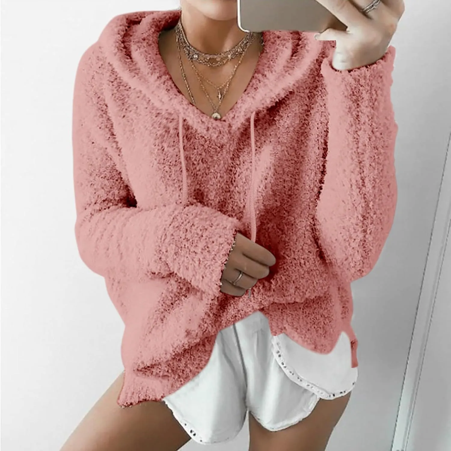 Womens Fuzzy Fleece Sweatshirts Long Sleeve Fluffy Soft Fleece Jackets Sweaters Sweatshirts Hoodies Outwear Coat Warm