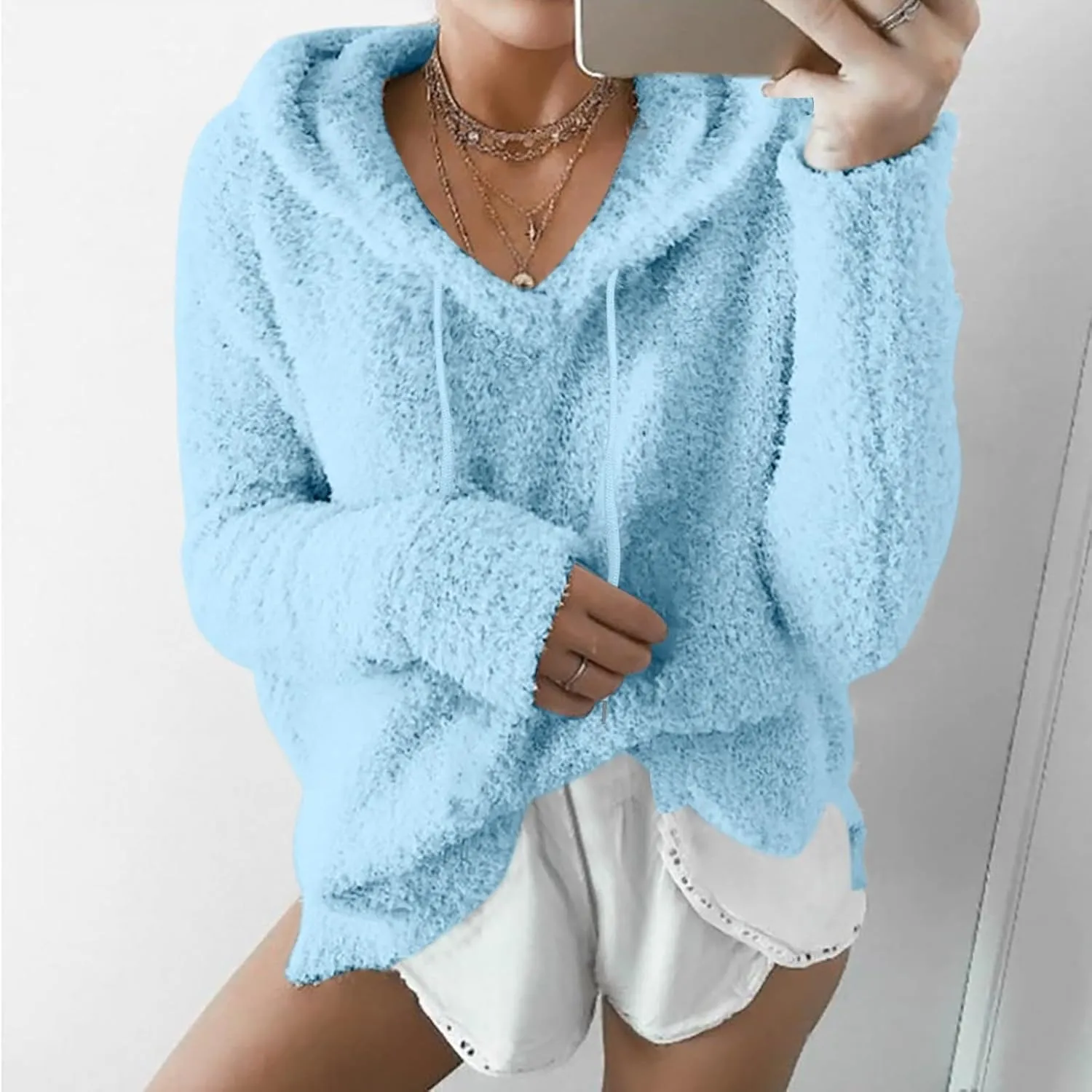 Womens Fuzzy Fleece Sweatshirts Long Sleeve Fluffy Soft Fleece Jackets Sweaters Sweatshirts Hoodies Outwear Coat Warm