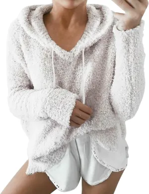 Womens Fuzzy Fleece Sweatshirts Long Sleeve Fluffy Soft Fleece Jackets Sweaters Sweatshirts Hoodies Outwear Coat Warm