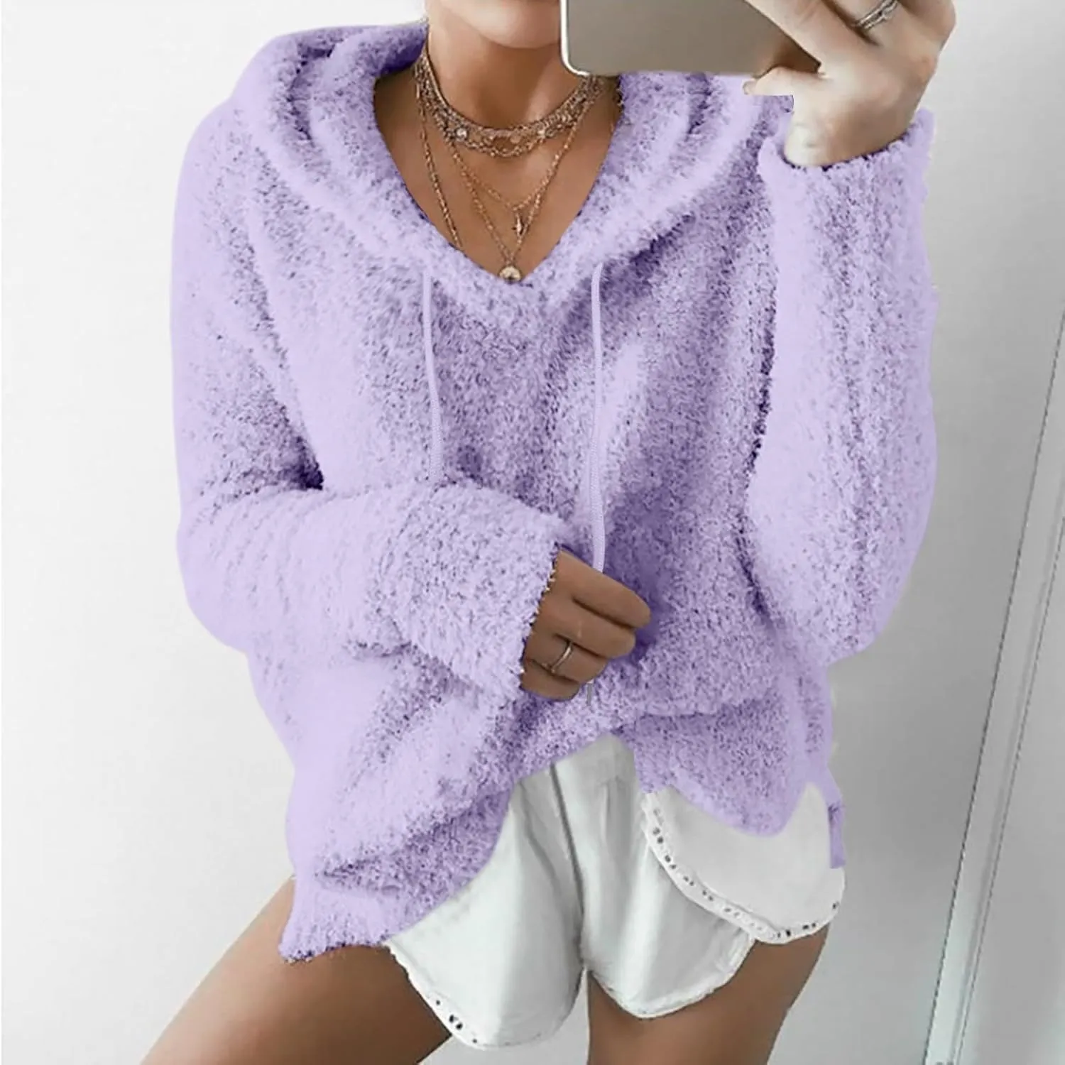 Womens Fuzzy Fleece Sweatshirts Long Sleeve Fluffy Soft Fleece Jackets Sweaters Sweatshirts Hoodies Outwear Coat Warm