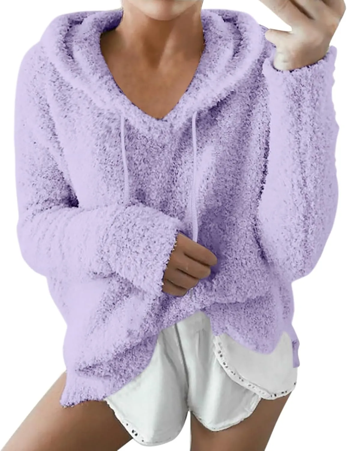 Womens Fuzzy Fleece Sweatshirts Long Sleeve Fluffy Soft Fleece Jackets Sweaters Sweatshirts Hoodies Outwear Coat Warm