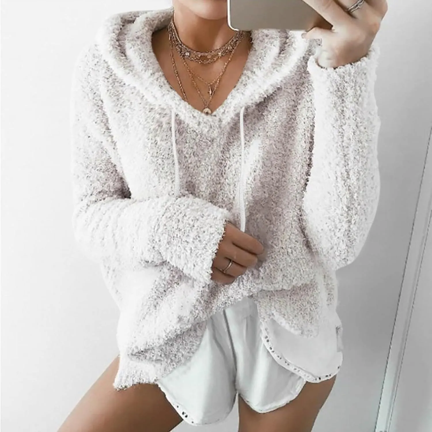Womens Fuzzy Fleece Sweatshirts Long Sleeve Fluffy Soft Fleece Jackets Sweaters Sweatshirts Hoodies Outwear Coat Warm