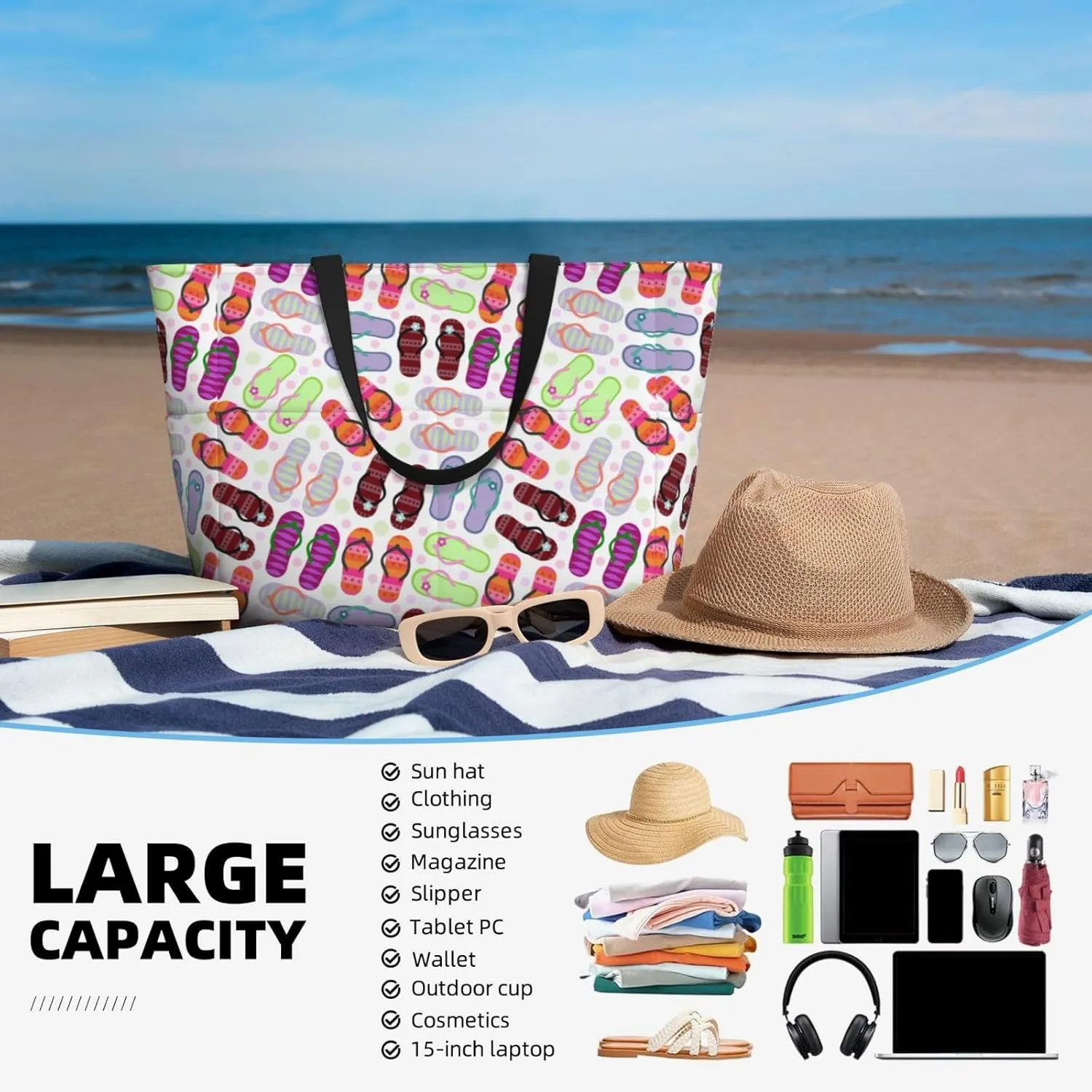 Women's Large Beach Bag Waterproof Travel Tote Bag with Pocket Sandproof Foldable Weekender Bags for Pool Vacation