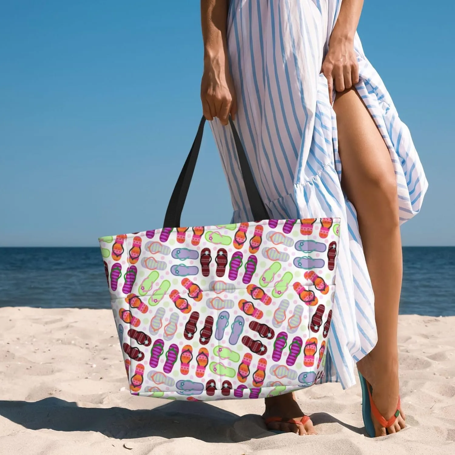 Women's Large Beach Bag Waterproof Travel Tote Bag with Pocket Sandproof Foldable Weekender Bags for Pool Vacation