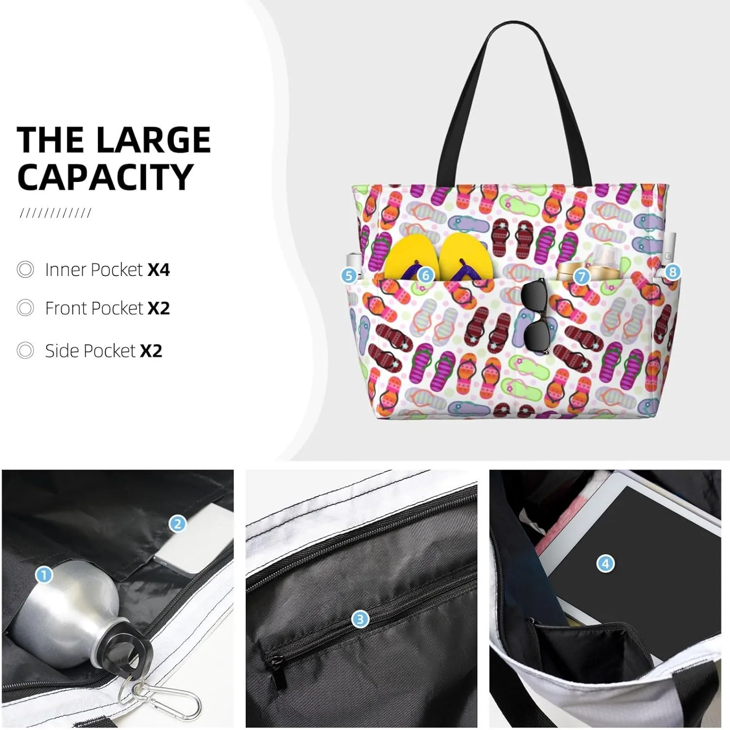 Women's Large Beach Bag Waterproof Travel Tote Bag with Pocket Sandproof Foldable Weekender Bags for Pool Vacation