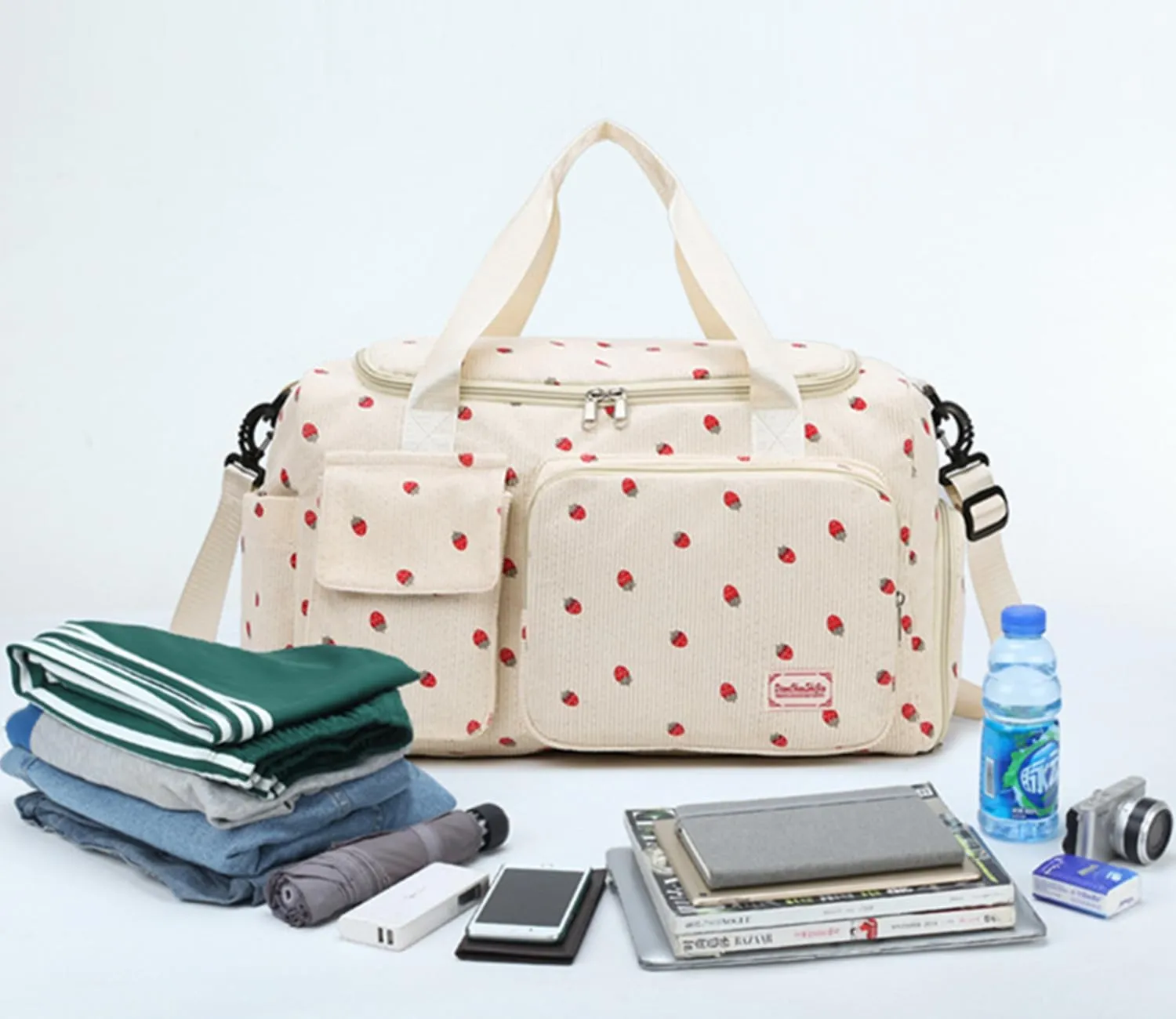 Women's Lightweight Gym Travel Duffle Bag with Shoe Compartment, Carry-On Weekender Overnight Bag for Fitness, Work, Weekend Trips (Beige)