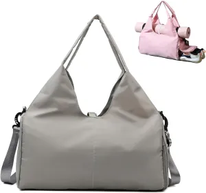 Women's Oxford Yoga Gym Bag with Shoe Compartment, Large Capacity, Simplistic Sports Tote for Travel and Fitness, 6 Color Options, 19.3"x9.8"x8.3" (49x25x21cm) (Light Grey)