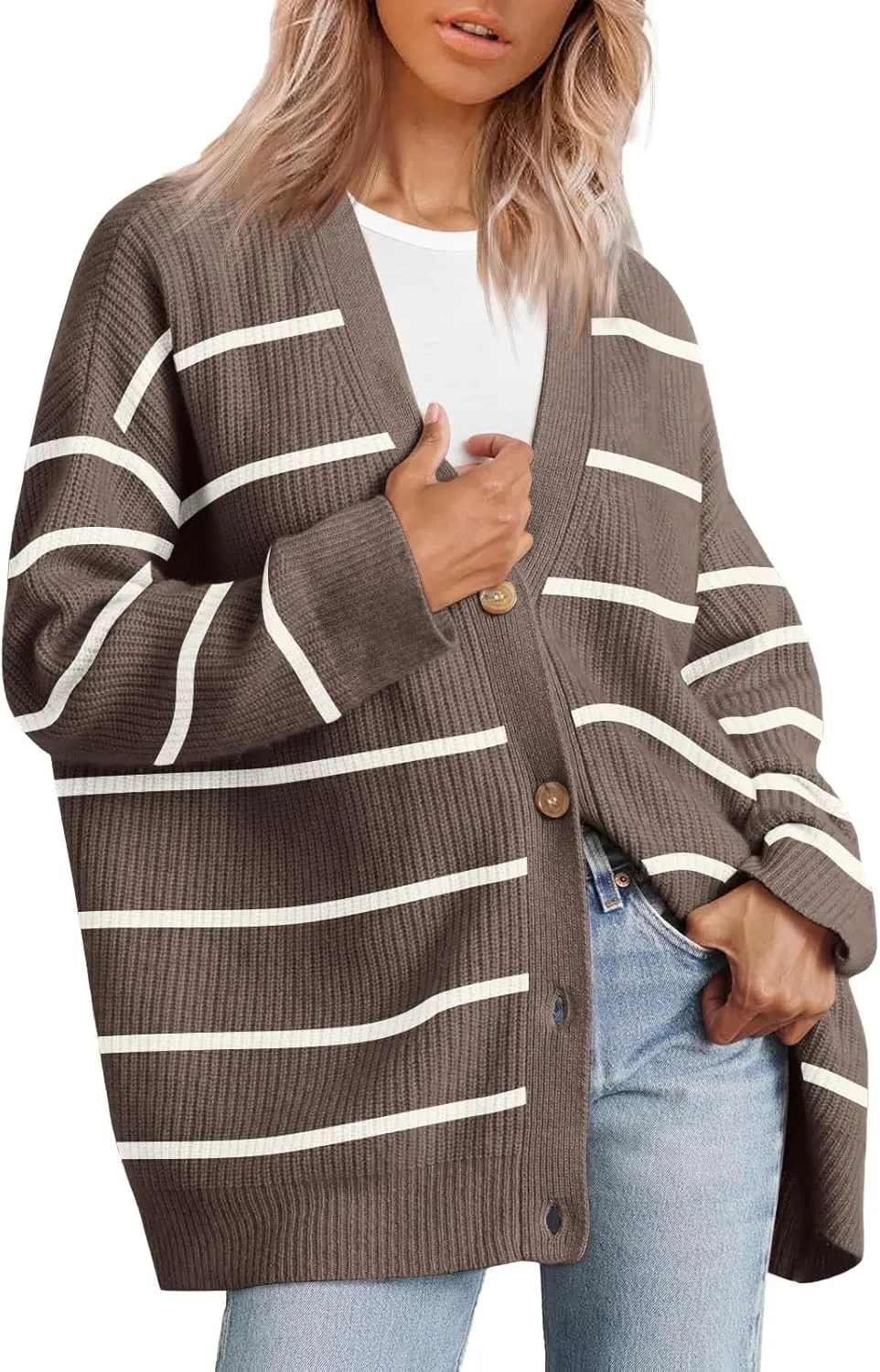 Women's Stripe Cardigan Sweaters 2024 Oversized Button Sweaters V Neck Lightweight Loose Cardigans Knit Outerwear
