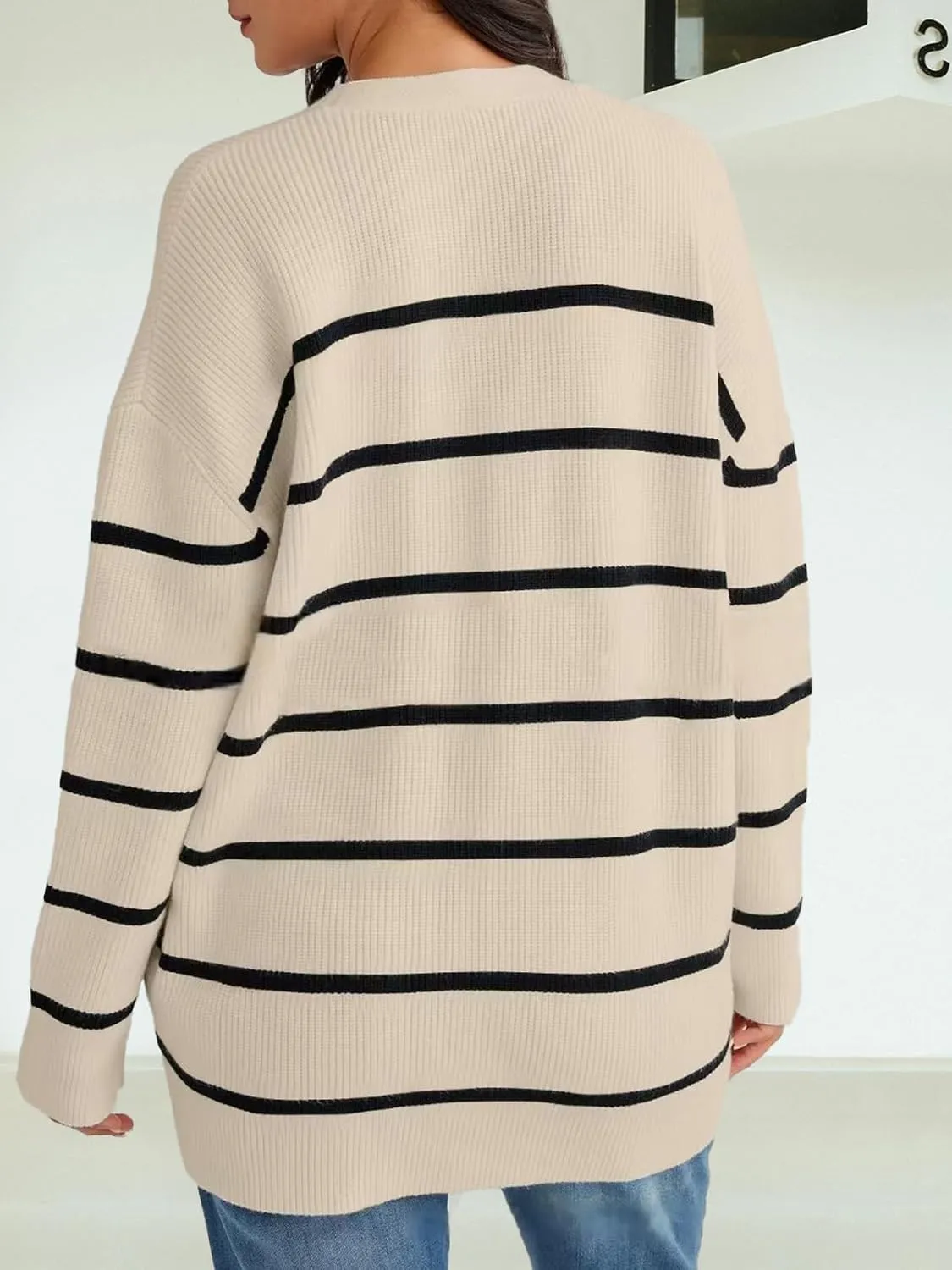 Women's Stripe Cardigan Sweaters 2024 Oversized Button Sweaters V Neck Lightweight Loose Cardigans Knit Outerwear
