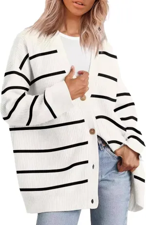 Women's Stripe Cardigan Sweaters 2024 Oversized Button Sweaters V Neck Lightweight Loose Cardigans Knit Outerwear
