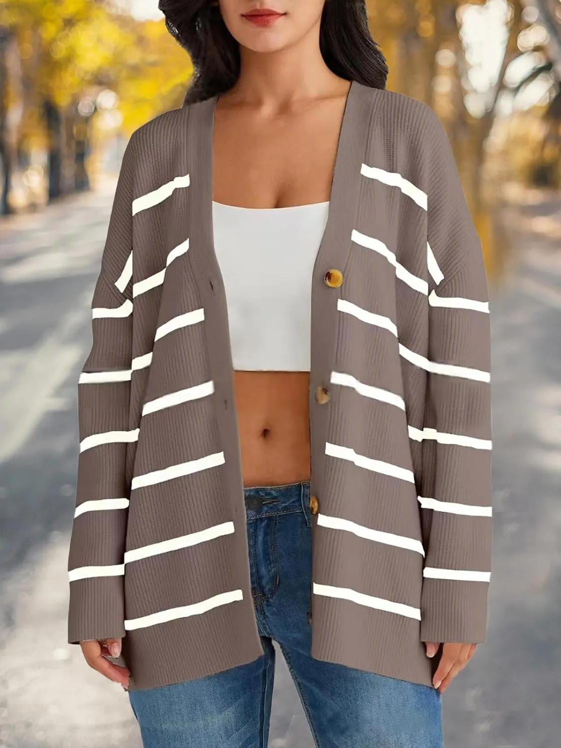 Women's Stripe Cardigan Sweaters 2024 Oversized Button Sweaters V Neck Lightweight Loose Cardigans Knit Outerwear