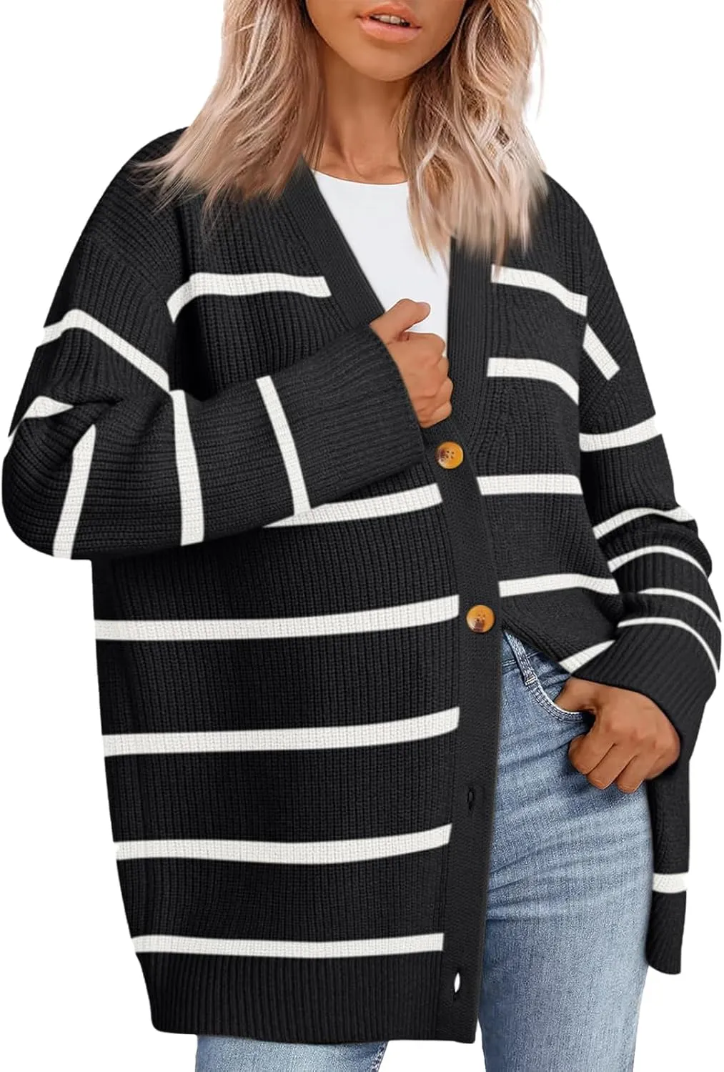 Women's Stripe Cardigan Sweaters 2024 Oversized Button Sweaters V Neck Lightweight Loose Cardigans Knit Outerwear