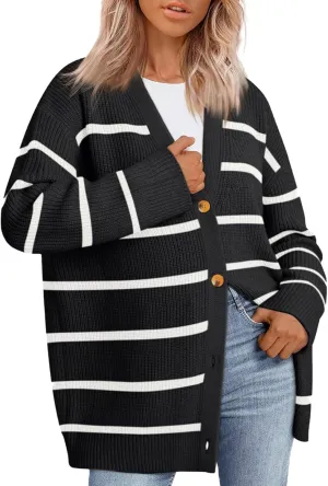 Women's Stripe Cardigan Sweaters 2024 Oversized Button Sweaters V Neck Lightweight Loose Cardigans Knit Outerwear
