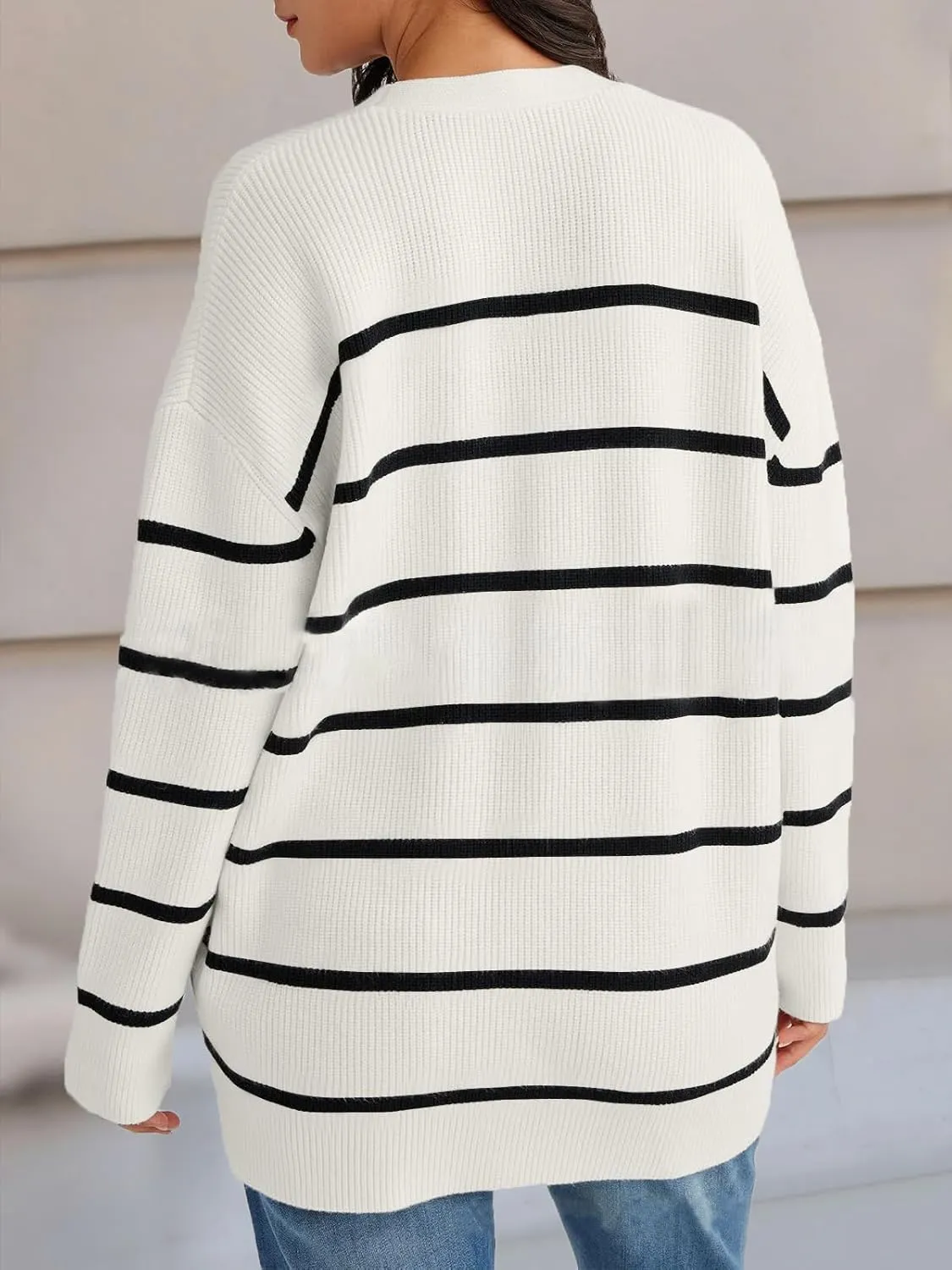 Women's Stripe Cardigan Sweaters 2024 Oversized Button Sweaters V Neck Lightweight Loose Cardigans Knit Outerwear