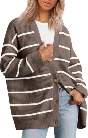 Women's Stripe Cardigan Sweaters 2024 Oversized Button Sweaters V Neck Lightweight Loose Cardigans Knit Outerwear