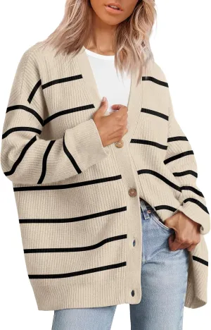 Women's Stripe Cardigan Sweaters 2024 Oversized Button Sweaters V Neck Lightweight Loose Cardigans Knit Outerwear