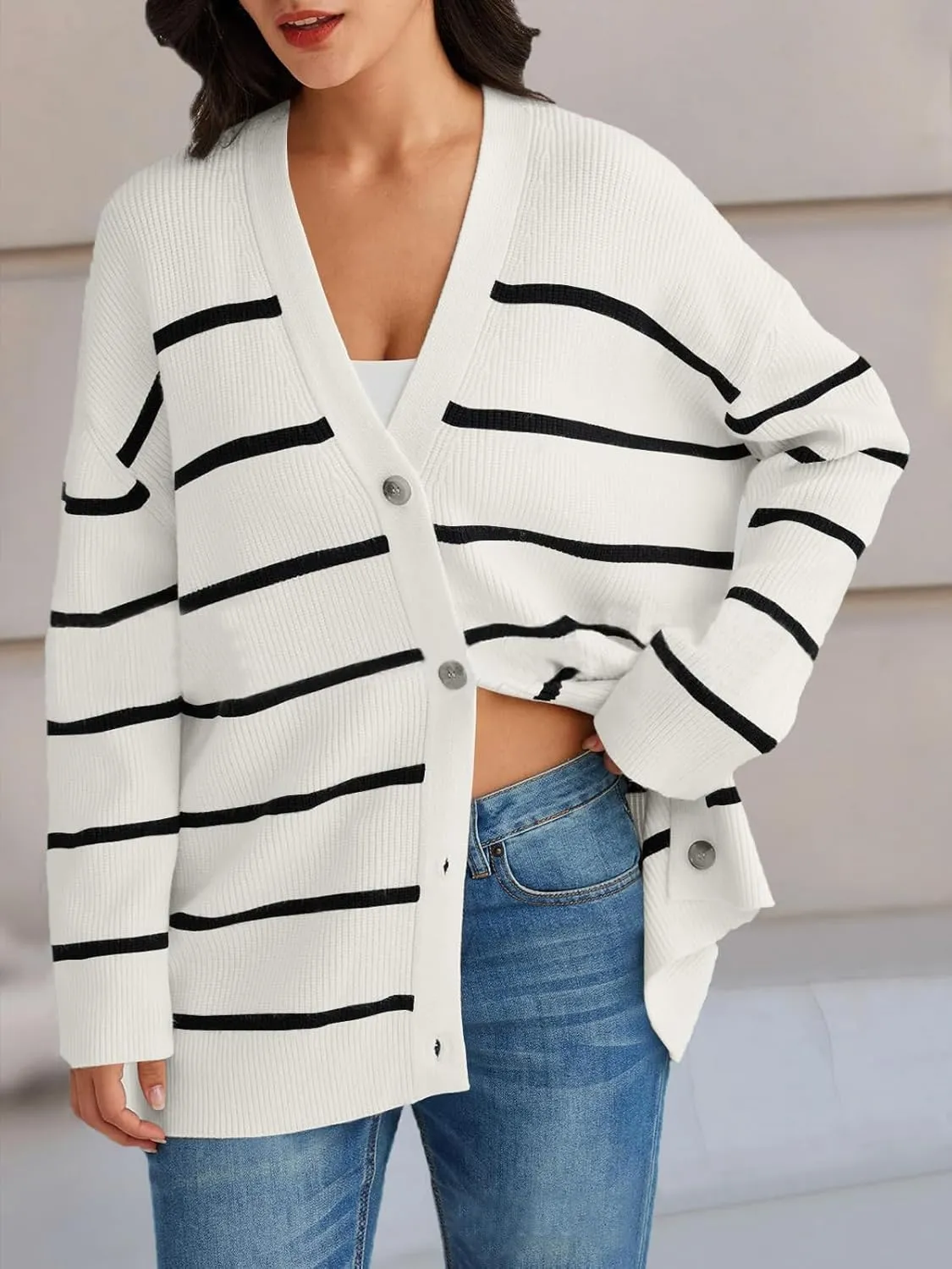 Women's Stripe Cardigan Sweaters 2024 Oversized Button Sweaters V Neck Lightweight Loose Cardigans Knit Outerwear