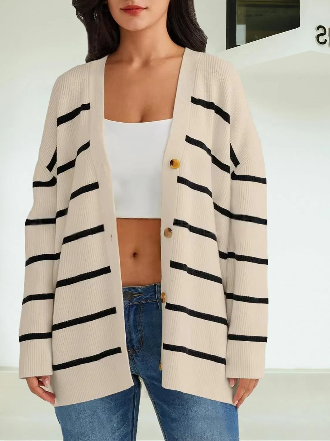 Women's Stripe Cardigan Sweaters 2024 Oversized Button Sweaters V Neck Lightweight Loose Cardigans Knit Outerwear