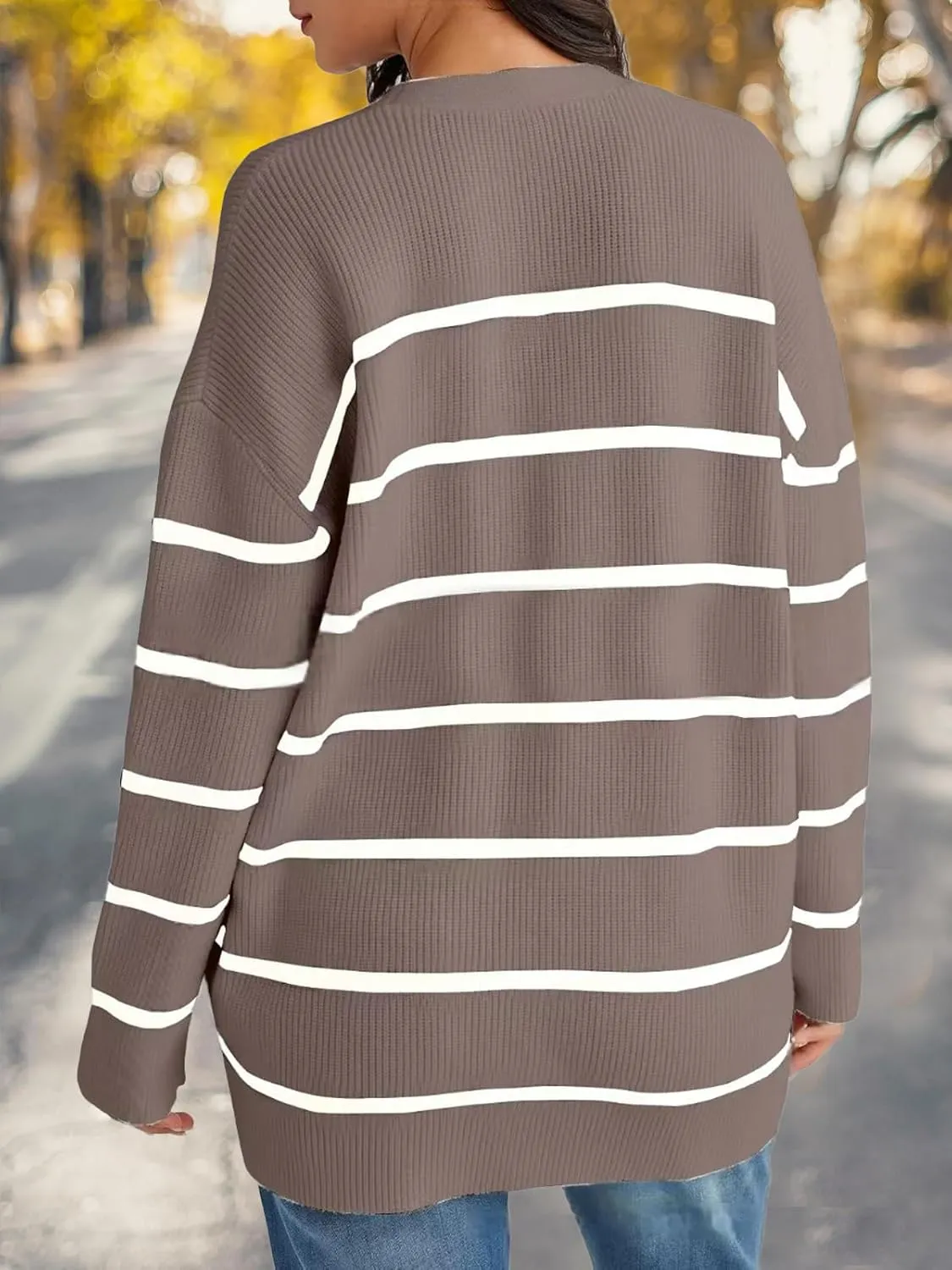 Women's Stripe Cardigan Sweaters 2024 Oversized Button Sweaters V Neck Lightweight Loose Cardigans Knit Outerwear