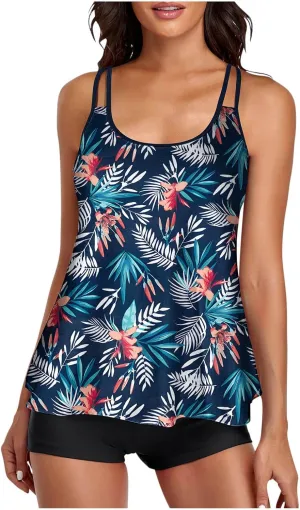 Women's Tankini Bathing Suits Tankini Swimsuits 2 PC Swim Tank Top with Boyshorts Patterned Loose Fit Swimwear