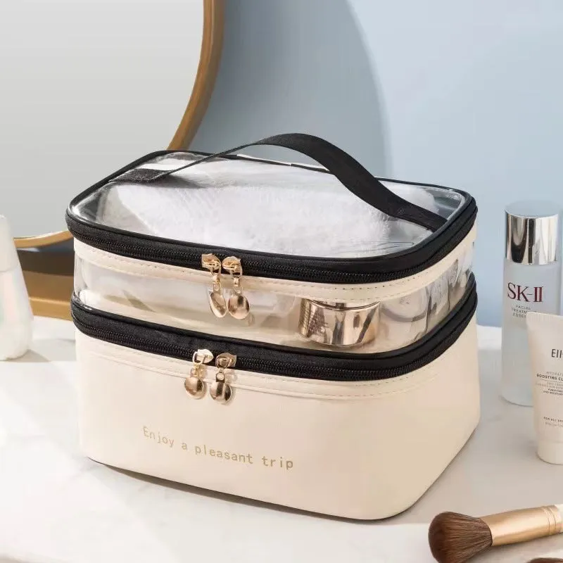 Women's Waterproof Portable Up Down Partition Cosmetics Cosmetic Bags