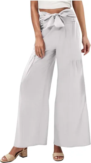 Women's Wide Leg Lounge Pants Business Casual High Waisted Flowy Palazzo Trouser Summer Trendy Bowknot Beach Pants