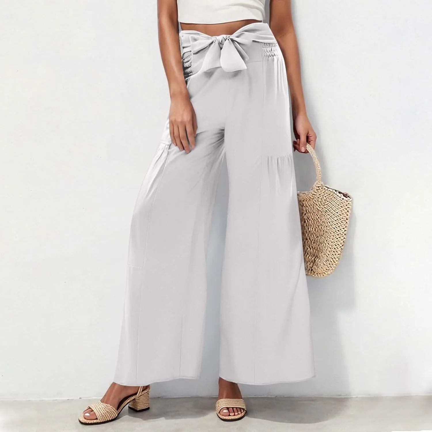 Women's Wide Leg Lounge Pants Business Casual High Waisted Flowy Palazzo Trouser Summer Trendy Bowknot Beach Pants
